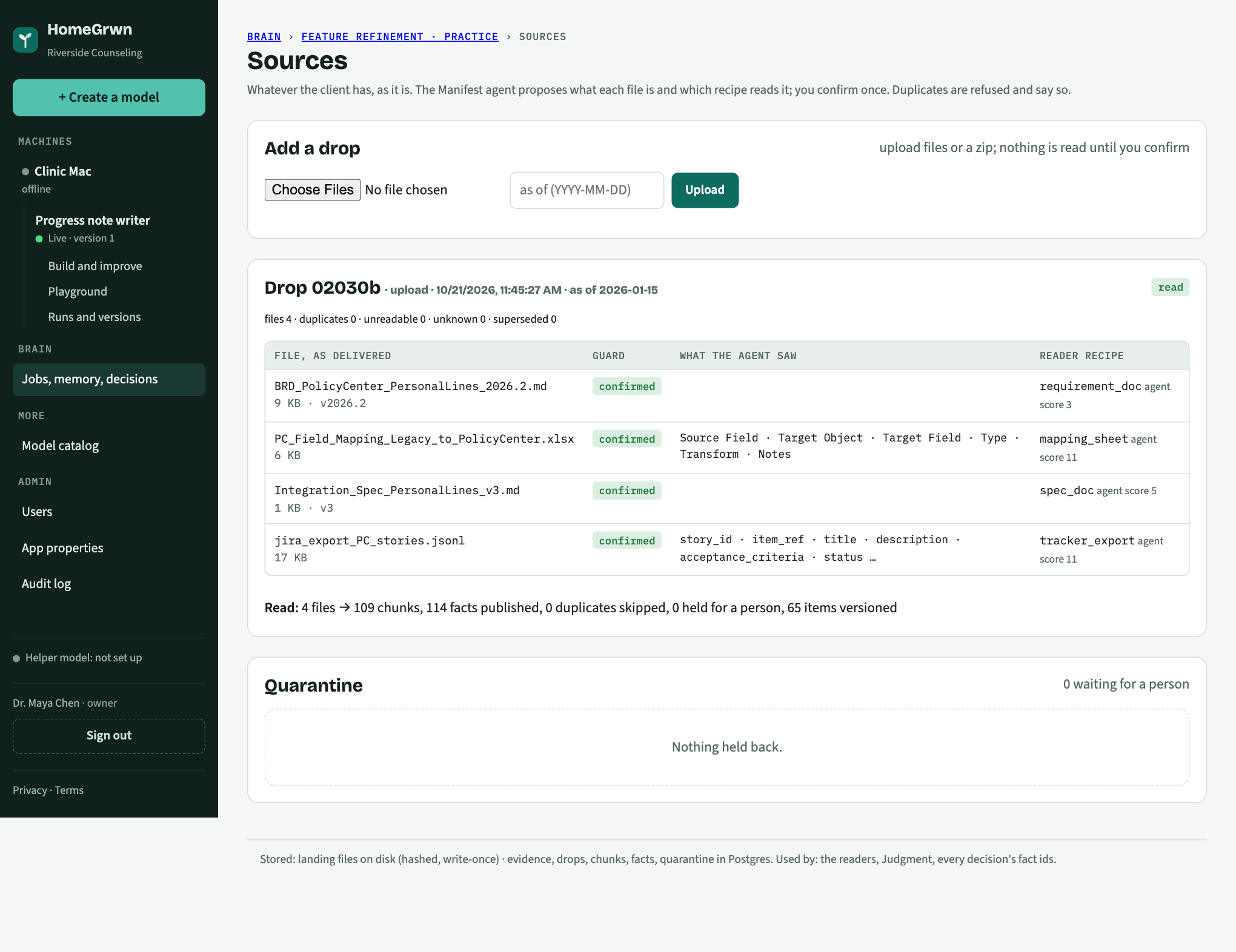 The Sources screen for the feature refinement job: one drop with four files, the agent's guess, the header seen and the recipe picked.